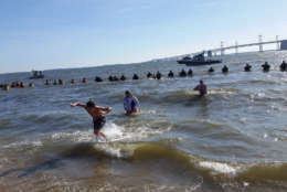 The water and air temperature was 35 degrees at 11 a.m. on Saturday when people made the plunge into Chesapeake Bay, but a bitter wind made it feel a lot colder. (WTOP/Kathy Stewart)