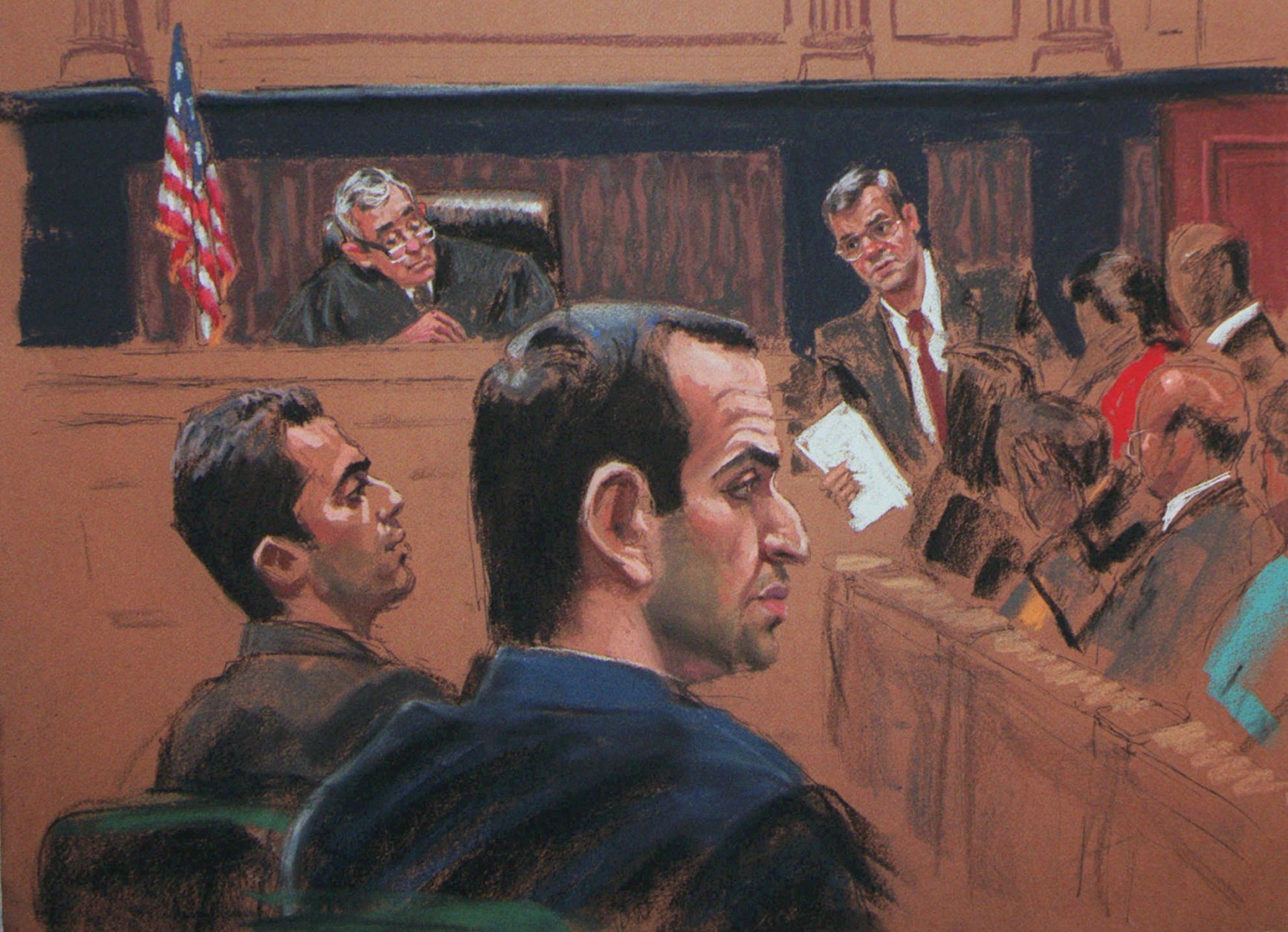 World Trade Center bombing suspects Eyad Ismoil, 26, left, and Ramzi Yousef, 29, foreground, watch the jury in this artist's rendering as the verdict is read Wednesday, Nov. 12, 1997, in New York. U.S. District Judge Kevin Duffy looks on in background. The defendants were found guilty on all counts Wednesday. (AP Photo/Jane Rosenberg)