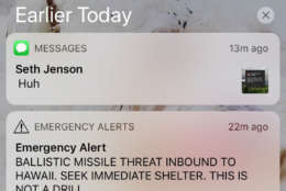 This smartphone screen capture shows a false incoming ballistic missile emergency alert sent from the Hawaii Emergency Management Agency system on Saturday, Jan. 13, 2018. (AP Photo/Marco Garcia)
