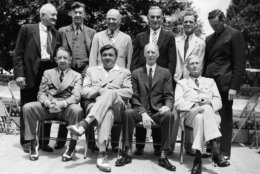 File - In this June 12, 1939 file photo, these baseball stars were pictured as they attended the dedication and their induction into the Baseball Hall of Fame in Cooperstown, N.Y. Front row; Eddie Collins, Babe Ruth, Connie Mack, Cy Young; Rear row left to right; Hans Wagner, Grover Cleveland Alexander, Tris Speaker, Napoleon Lajoie, George Sisler and Walter Johnson. A baseball with the signatures of Babe Ruth, Ty Cobb, Honus Wagner and eight other legends of the game has sold for more than $600,000. The players all signed the ball on the same day in 1939, when they had gathered to become the first class to enter the Baseball Hall of Fame. SCP Auctions said Monday, Aug. 13, 2018, that it has sold for just over $623,000. That crushes the previous record of $345,000 for a signed ball, set in 2013. (AP Photo/File)
