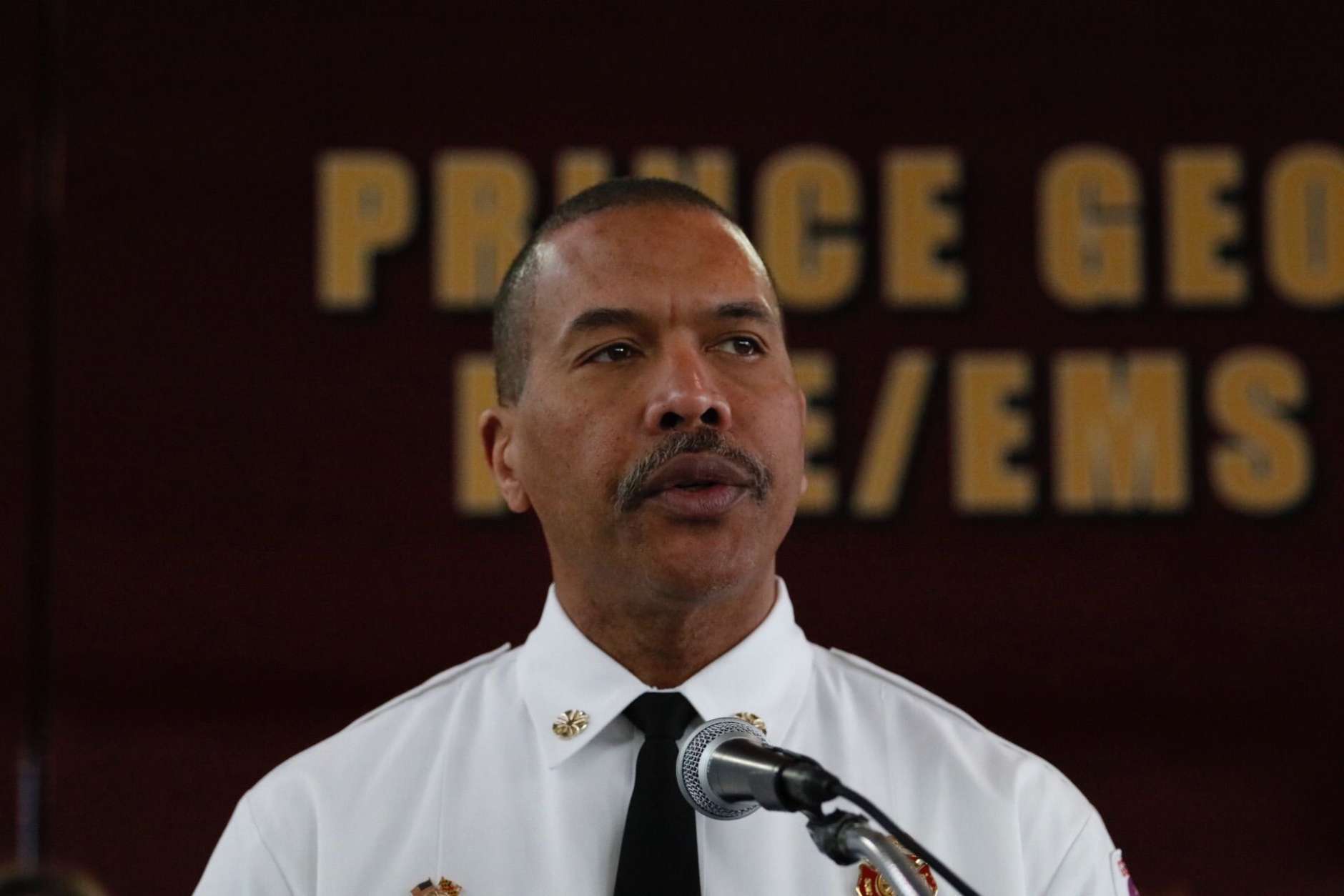 Prince George's County fire Chief Benjamin Barksdale said in a news conference Jan. 24, 2018, announcing the county's lawsuit against opioid manufacturers that the fire department has experienced a 260 percent increase in Narcan administration since 2014. (WTOP/Kate Ryan)