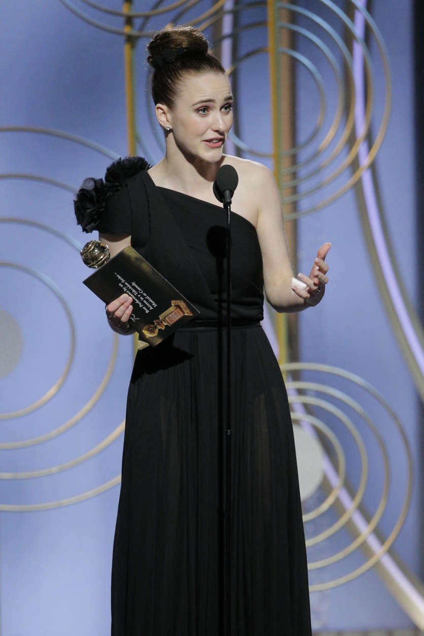 In this handout photo provided by NBCUniversal,  Rachel Brosnahan accepts the award for Best Performance by an Actress in a Television Series – Musical or Comedy for “The Marvelous Mrs. Maisel”  during the 75th Annual Golden Globe Awards at The Beverly Hilton Hotel on January 7, 2018 in Beverly Hills, California.  (Photo by Paul Drinkwater/NBCUniversal via Getty Images)