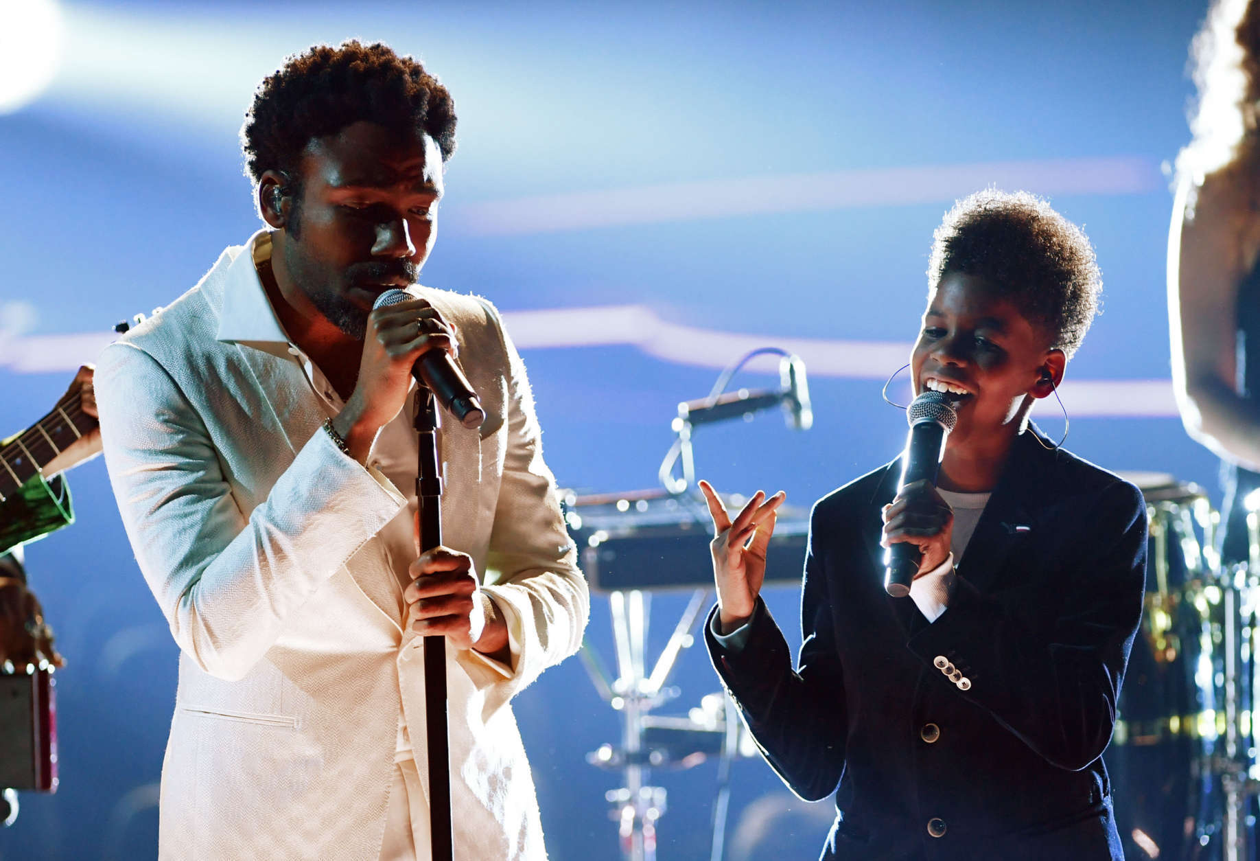 NEW YORK, NY - JANUARY 28:  Recording artists Childish Gambino (L) and JD McCrary perform onstage during the 60th Annual GRAMMY Awards at Madison Square Garden on January 28, 2018 in New York City.  (Photo by Kevin Winter/Getty Images for NARAS)