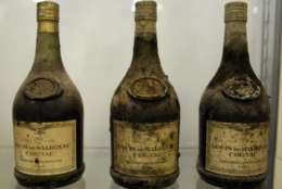 Bottles of Grande Champagne Salignac cognac from 1893 displayed at the Tour d'Argent cellar, in Paris, Thursday Dec. 3, 2009, some of the 18,000 bottles on auction on Dec. 7 and 8 . The landmark Tour d'Argent restaurant, which dates back to 1582, is cleaning out its 450,000-bottle wine cellar, considered one of the best in the world. (AP Photo/Francois Mori)
