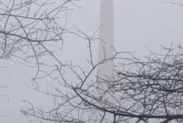Fog shrouds the Washington Monument on Friday, Jan. 12, 2018. Mild temperatures mixing with cold air above the icy Potomac River created the heavy, ethereal fog. (WTOP/Carlos Prieto)