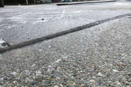 A sidewalk in Northwest, D.C. under a slippery coating of ice. (WTOP/Reem Nadeem)