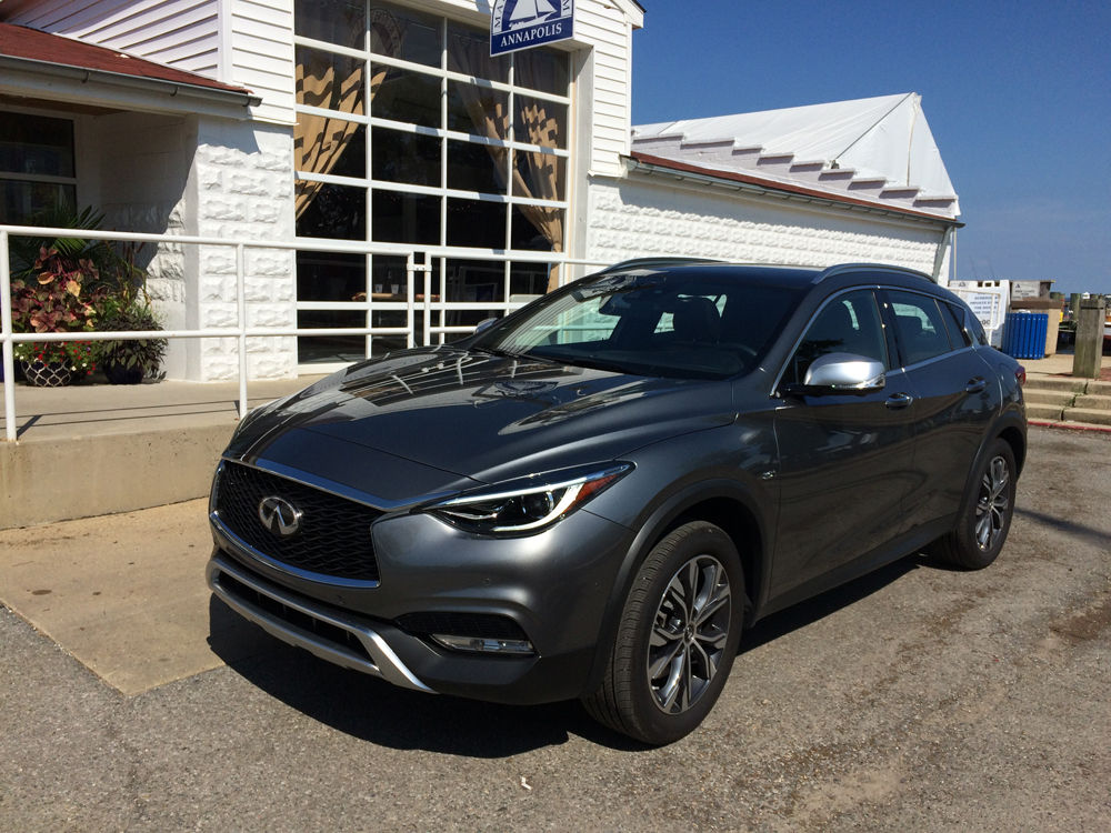 The front end has the latest in Infiniti styling with a large grill with smaller, streamlined headlight units that house LED lights and seem to wrap around the front to the side of the car. (WTOP/Mike Parris)