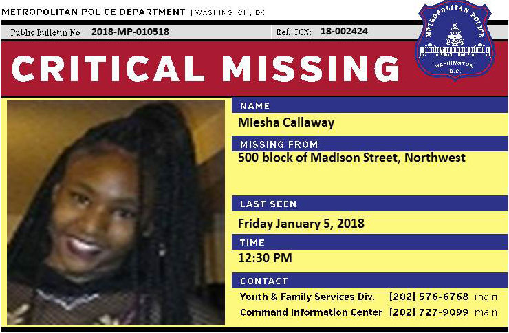 Miesha is 5 feet, 7 inches tall and weighs 100 pounds. She has a medium complexion and brown eyes and black hair. (Courtesy DC Police) 
