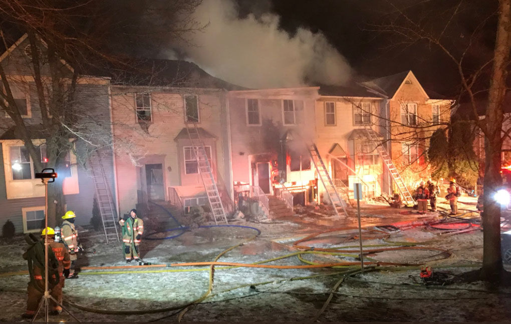Town houses in the five-row unit on Softwood Terrace in Olney, burn due to misuse of a fireplace. (Courtesy Montgomery County Fire and Rescue)