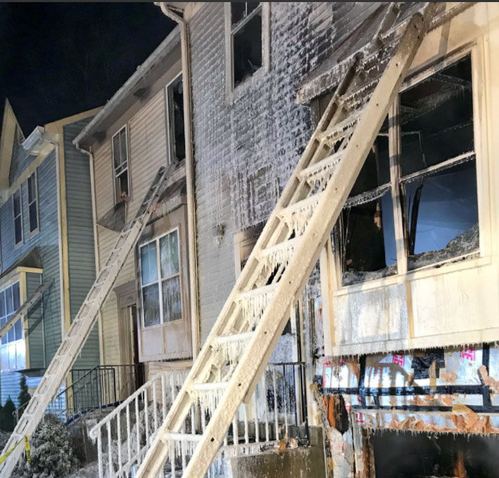 The brutal cold temperatures Friday, Jan. 5, 2018, froze the water used by Montgomery County firefighters to put out the fire on Softwood Terrace in Olney, Friday, Jan. 5, 2017. (Courtesy Montgomery County Fire and Rescue)