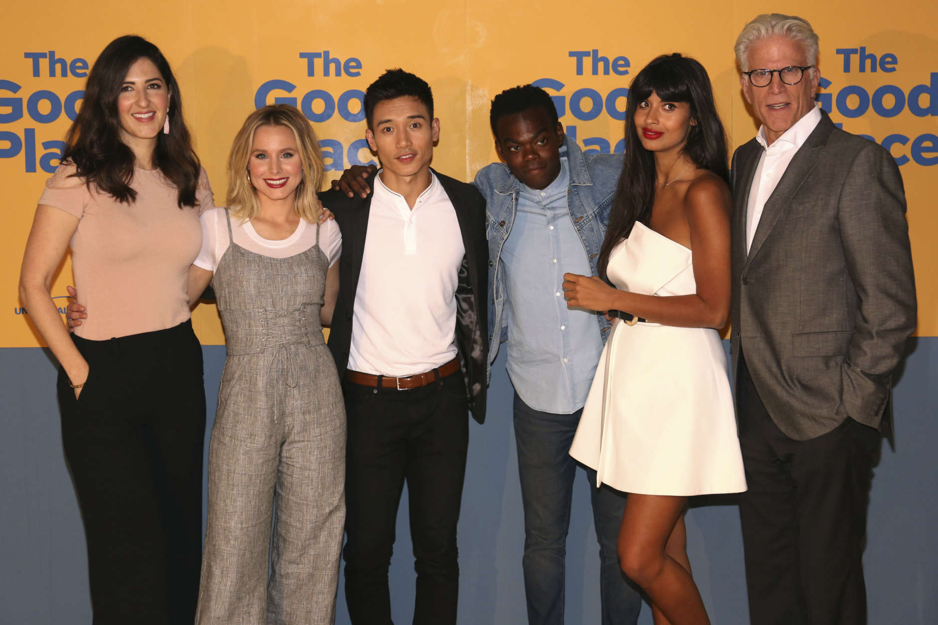 D'Arcy Carden, from left, Kristen Bell, Manny Jacinto, William Jackson Harper, Jameela Jamil and Ted Danson arrive at the "The Good Place" FYC Event on Monday, June 12, 2017, in Los Angeles. (Photo by Willy Sanjuan/Invision/AP)