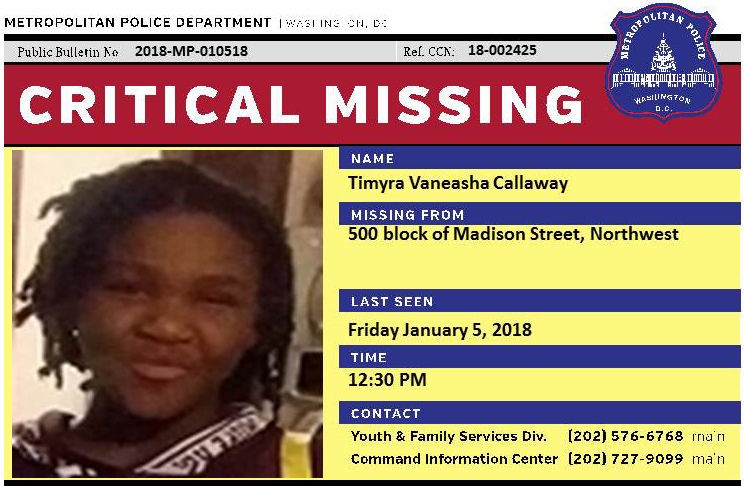 Timyra is described as 4 feet tall, weighing 96 pounds. She has a "medium brown" complexion, according to police, and brown eyes and black hair. (Courtesy DC Police)