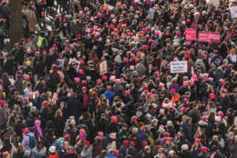 People gather near Central Park before the beginning of the Women's March on January 20, 2018 in New York City. Across the nation hundreds of thousands of people are marching on what is the one-year anniversary of President Donald Trump's swearing-in to protest against his past statements on women and to celebrate women's rights around the world. (Photo by Stephanie Keith/Getty Images)