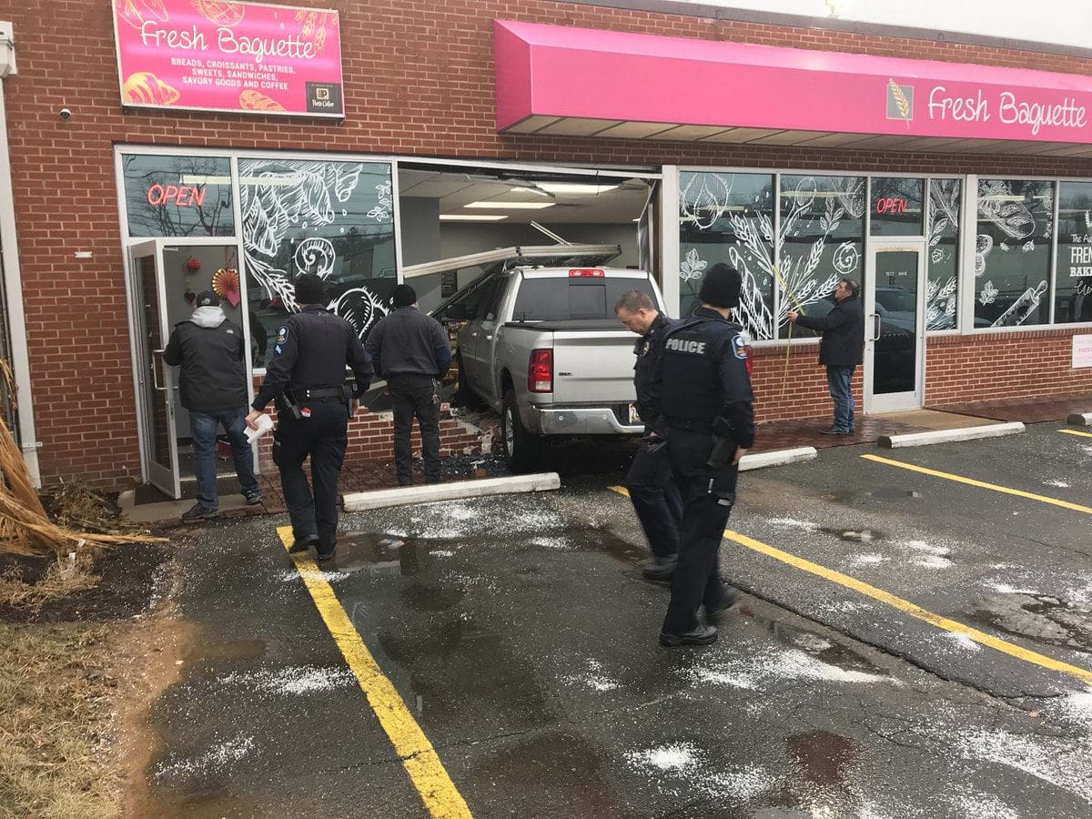 The truck crashed halfway through the front entrance of the Fresh Baguette Bakery in Rockville. (Courtesy Montgomery County Fire and Rescue Service)