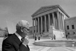 Arthur Goldberg, former Associate Justice, walks from the Supreme Court building in Washington, D.C., March 20, 1972. Goldberg participated in an hour-long hearing where he urged reversal of a 1922 decision exempting baseball from antitrust laws. Representing former outfielder Curt Flood, who is challenging the reserve clause, Goldberg said the clause is a "hardcore violation, group boycotting, blacklisting." (AP Photo/Bob Daugherty)