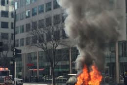 A jeep caught fire in downtown D.C. Tuesday afternoon. (Courtesy Suzanne Raven)