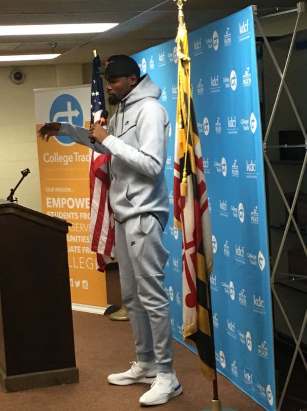 Warriors star Kevin Durant speaks at an event at Suitland High School. Media were not allowed in. (Courtesy John White)