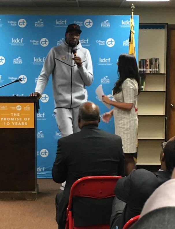 Kevin Durant speaks at Suitland High School where he donated $10 million. (Courtesy John White)