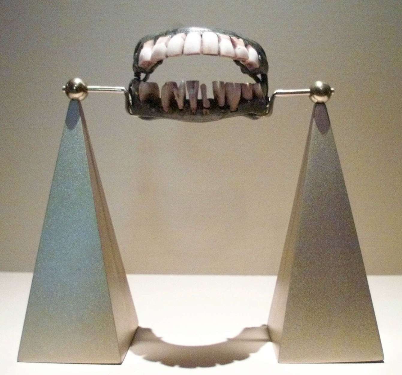 George Washington's dentures are shown after their installation into a display at the Heinz Regional History Center in Pittsburgh, Monday, July 24, 2000. The teeth, part of a temporary exhibit on George Washington at the museum that opens on Saturday, July 29, are not carved from wood, but made with human and cow teeth according to Mount Vernon Estate collections manager Rebecca Eddins. (AP Photo/Keith Srakocic)