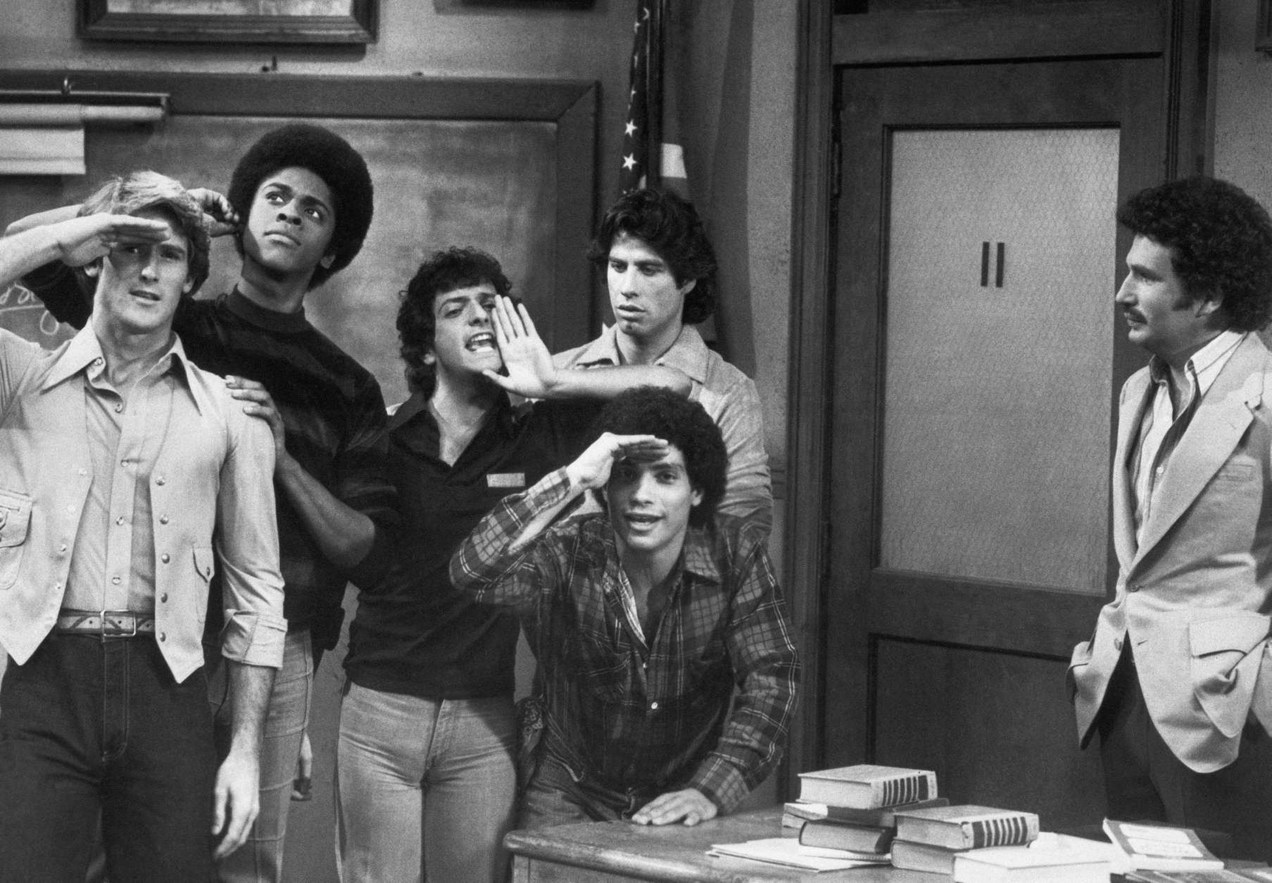 It is either an air and sea search or just more of the sweathog?s antics as performed by the cast of the ABC Television Network?s hit comedy series, ?Welcome Back, Kotter? which airs on Saturday, November 1978 (8:00-8:30 p.m., EST) Starring are (l. to r.)  Stephen Shortridge as the newest sweathog, Beau De Labarre, Lawrence Hilton Jacobs as Freddy Washington, Ron Palillo as Arnold Horshack, Robert Hegyes as Juan Epstein (Foreground), John Travolta (Rear) as Vinnie Barbarino and Gabe Kaplan as Gabe Kotter. (AP Photo)
