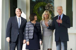Vice President Joe Biden and Dr. Jill Biden pose for a photograph with Vice President-elect Mike Pence and his wife Karen after they had lunch at the Vice President's residence, the Naval Observatory, in Washington, Wednesday, Nov. 16, 2016. (AP Photo/Cliff Owen)