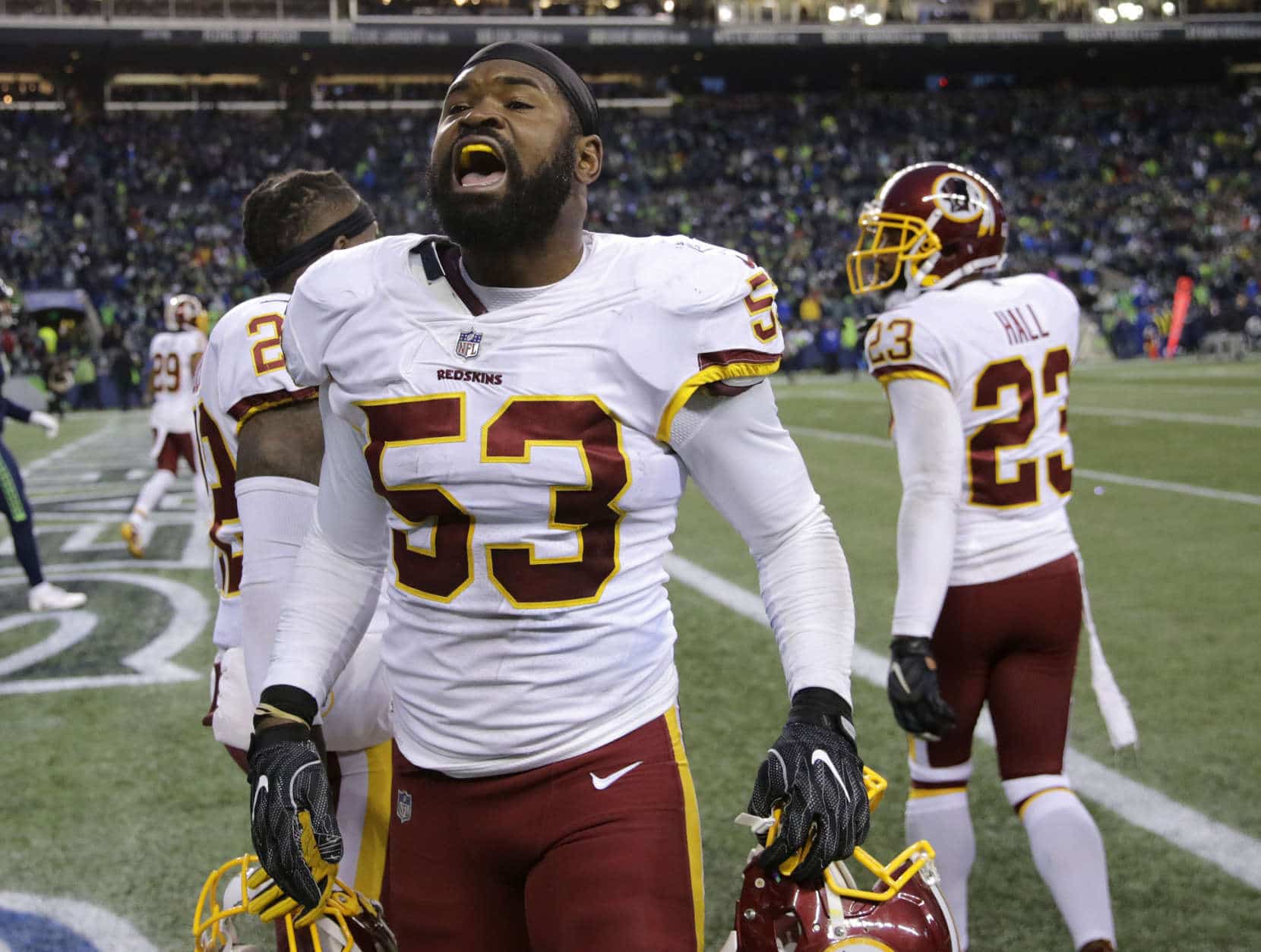 Washington Redskins inside linebacker Zach Brown celebrates a play in the second half of an NFL football game against the Seattle Seahawks, Sunday, Nov. 5, 2017, in Seattle. (AP Photo/Stephen Brashear)