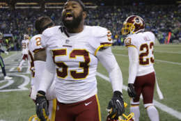 Washington Redskins inside linebacker Zach Brown celebrates a play in the second half of an NFL football game against the Seattle Seahawks, Sunday, Nov. 5, 2017, in Seattle. (AP Photo/Stephen Brashear)