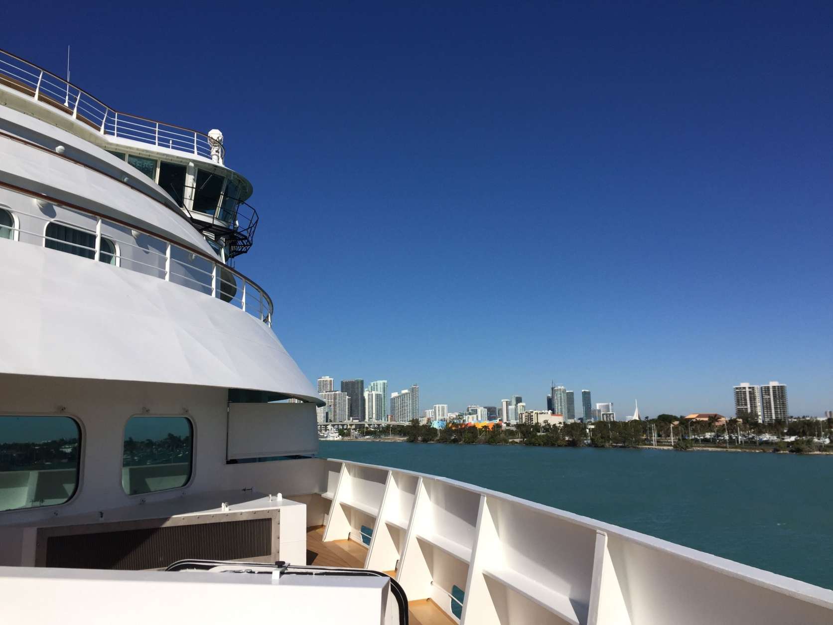 This Jan. 4, 2018 photo shows a view from the deck of the Seabourn Sojourn cruise ship in the port of Miami. A panel of cruise experts from CruiseCritic.com, the Miami Herald and the Cruise Lines International Association gathered on the Sojourn in a forum moderated by The Associated Press to discuss issues and trends in the cruise industry with a live audience of cruise passengers. (AP Photo/Beth J. Harpaz)