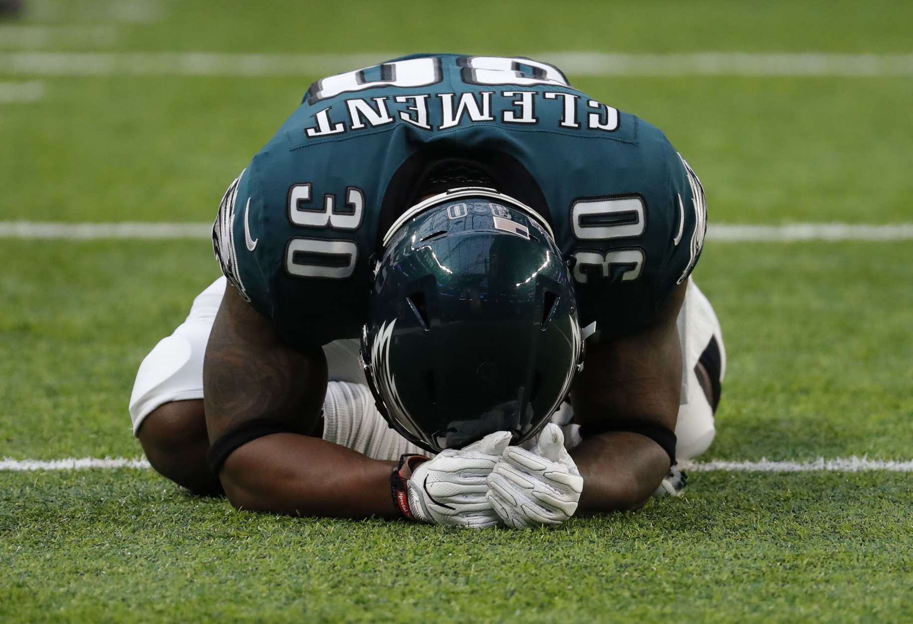 Philadelphia Eagles running back Corey Clement (30), stretches before the NFL Super Bowl 52 football game against the New England Patriots, Sunday, Feb. 4, 2018, in Minneapolis. (AP Photo/Charlie Neibergall)