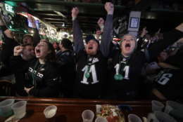 Eagles fans react during the first half of Super Bowl 52 between the Philadelphia Eagles and the New England Patriots, Sunday, Feb. 4, 2018, in Philadelphia. (AP Photo/Matt Rourke)