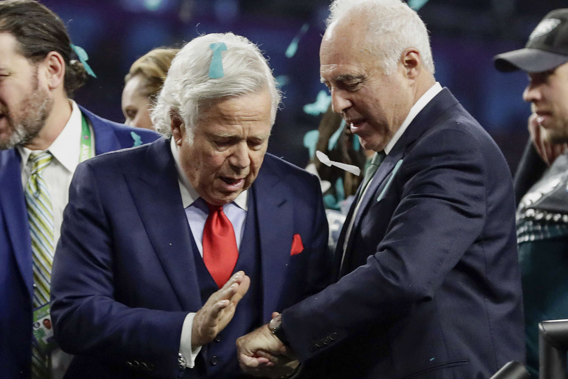 New England Patriots owner Robert Kraft, left, congratulates Philadelphia Eagles owner Jeffrey Lurie, after the Eagles won the NFL Super Bowl 52 football game against the New England Patriots, Sunday, Feb. 4, 2018, in Minneapolis. The Eagles won 41-33. (AP Photo/Frank Franklin II)