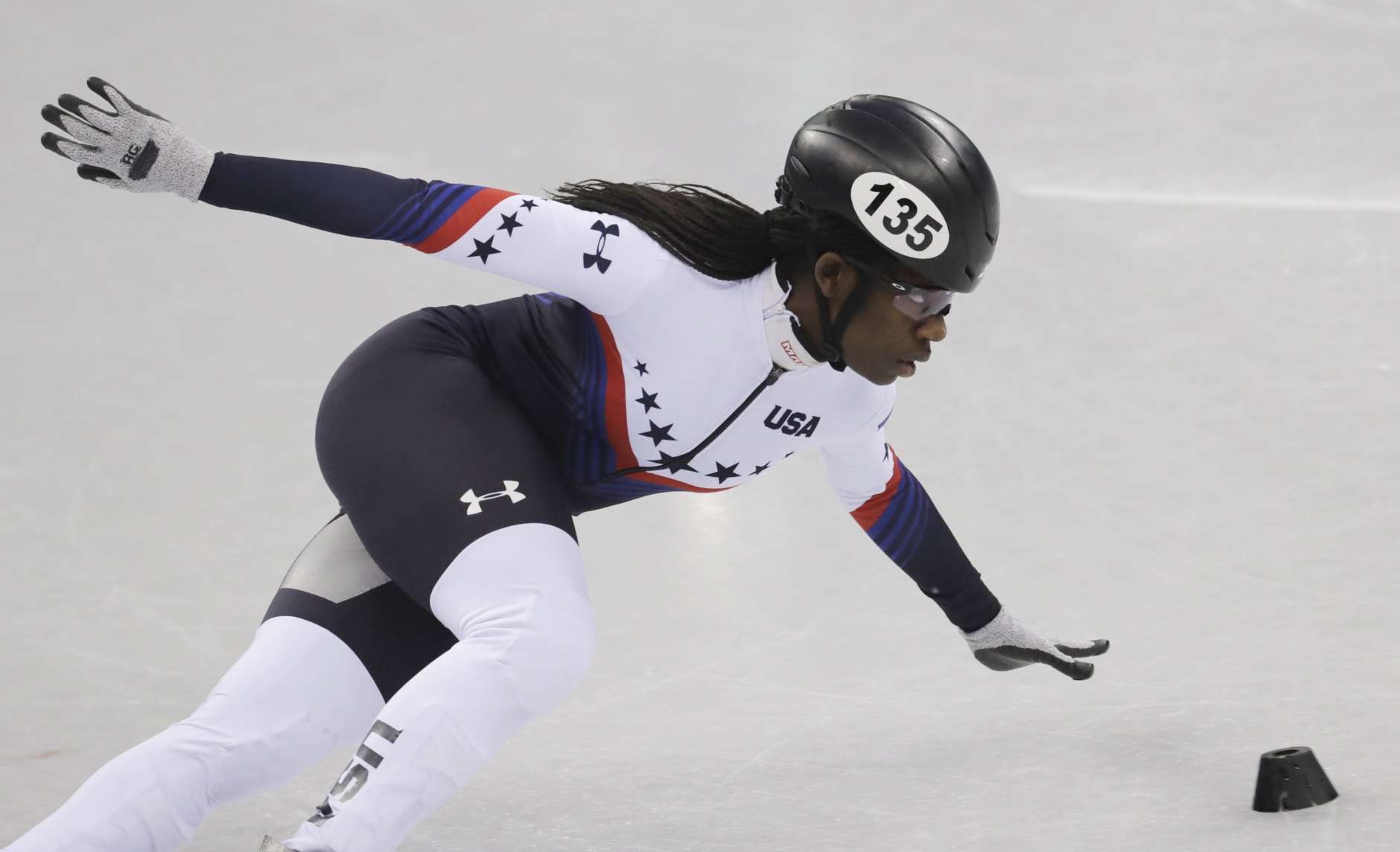 Maame Biney of the United States in action during the ladies' 500 meters short-track speedskating in the Gangneung Ice Arena at the 2018 Winter Olympics in Gangneung, South Korea, Saturday, Feb. 10, 2018. (AP Photo/Bernat Armangue)