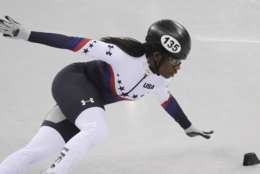 Maame Biney of the United States in action during the ladies' 500 meters short-track speedskating in the Gangneung Ice Arena at the 2018 Winter Olympics in Gangneung, South Korea, Saturday, Feb. 10, 2018. (AP Photo/Bernat Armangue)