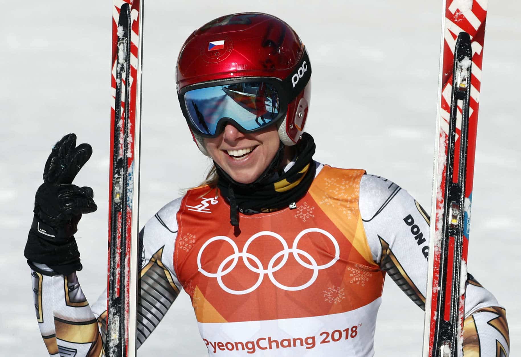 Czech Republic's Ester Ledecka reacts after competing in the women's super-G at the 2018 Winter Olympics in Jeongseon, South Korea, Saturday, Feb. 17, 2018. (AP Photo/Christophe Ena)