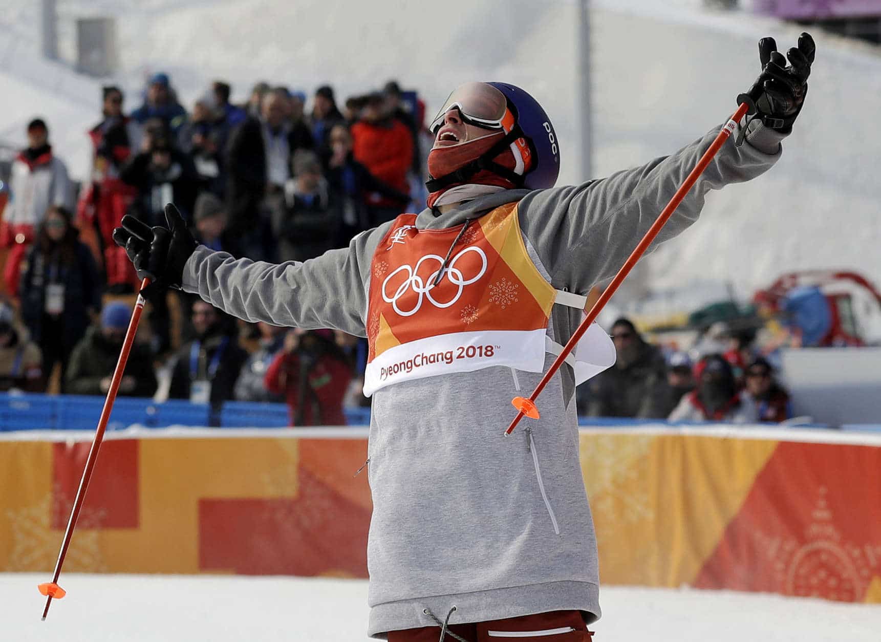 Silver medal winner Nick Goepper, of the United States, reacts to his run during the men's slopestyle final at Phoenix Snow Park at the 2018 Winter Olympics in Pyeongchang, South Korea, Sunday, Feb. 18, 2018. (AP Photo/Gregory Bull)