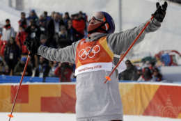 Silver medal winner Nick Goepper, of the United States, reacts to his run during the men's slopestyle final at Phoenix Snow Park at the 2018 Winter Olympics in Pyeongchang, South Korea, Sunday, Feb. 18, 2018. (AP Photo/Gregory Bull)