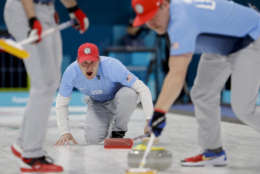 United States's skip John Shuster makes a call during a men's curling match against Switzerland at the 2018 Winter Olympics in Gangneung, South Korea, Tuesday, Feb. 20, 2018. (AP Photo/Natacha Pisarenko)