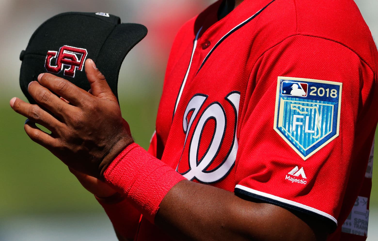 A member of the Washington Nationals holds his cap as Marjory Stoneman Douglas High School student Angelique Meneses sings the national anthem before the start of an exhibition spring baseball game against the Houston Astros, Friday, Feb. 23, 2018, in West Palm Beach, Fla. Players around the league are wearing the caps of the Marjory Stoneman Douglas High School Eagles baseball team to honor the victims of a shooting at the school last week. (AP Photo/Jeff Roberson)