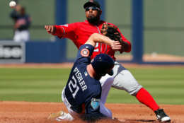 Houston Astros' Derek Fisher (21) is out at second as Washington Nationals second baseman Howie Kendrick turns the double play to end the first inning of an exhibition spring baseball game Friday.
 (AP Photo/Jeff Roberson)