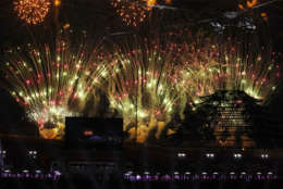 Fireworks explode during the closing ceremony of the 2018 Winter Olympics in Pyeongchang, South Korea, Sunday, Feb. 25, 2018. (AP Photo/Charlie Riedel)