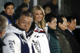 Ivanka Trump, center, daughter of U.S. President Donald Trump, stands at the beginning of the closing ceremony of the 2018 Winter Olympics in Pyeongchang, South Korea, Sunday, Feb. 25, 2018. (AP Photo/Patrick Semansky, Pool)
