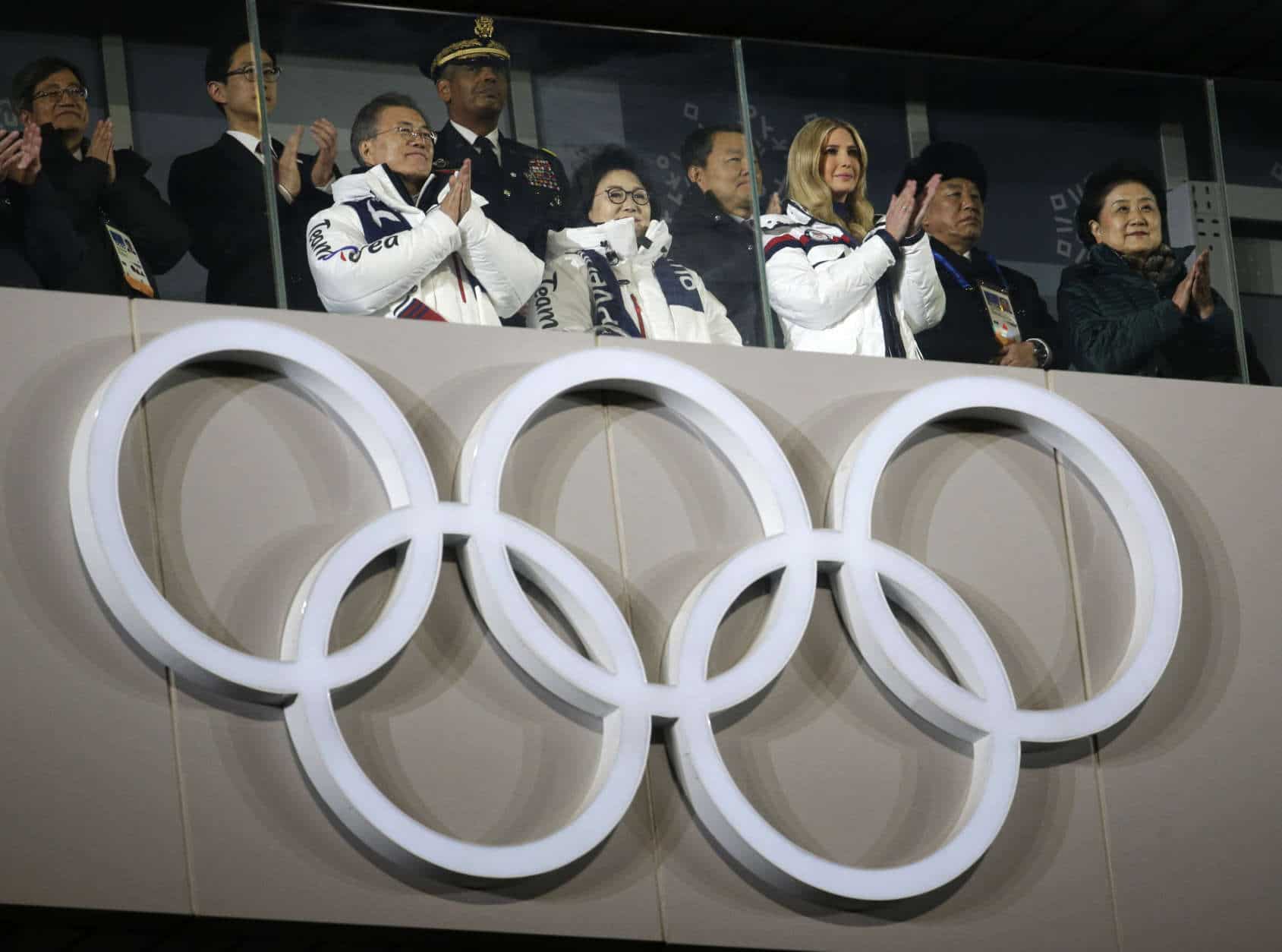 South Korean President Moon Jae-in, front left, and Ivanka Trump, front right U.S. President Donald Trump's daughter applaud during the closing ceremony of the 2018 Winter Olympics in Pyeongchang, South Korea, Sunday, Feb. 25, 2018. (AP Photo/Natacha Pisarenko)