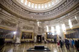 Crews prepare for the late Rev. Billy Graham to be honored Wednesday in the Rotunda of the Capitol Building, Tuesday, Feb. 27, 2018 in Washington. (AP Photo/Andrew Harnik)