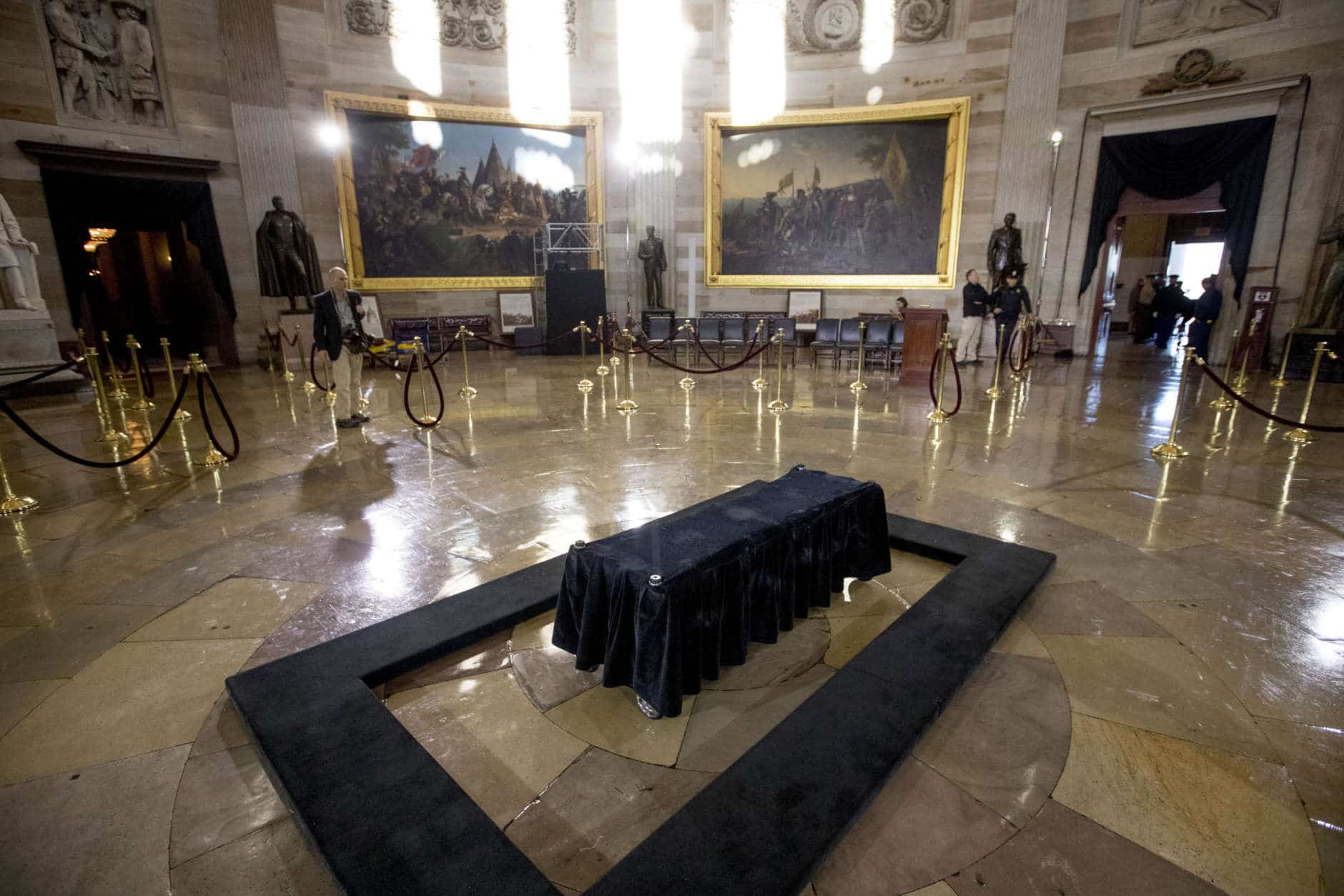 Crews prepare for the late Rev. Billy Graham to be honored Wednesday in the Rotunda of the Capitol Building, Tuesday, Feb. 27, 2018 in Washington. (AP Photo/Andrew Harnik)