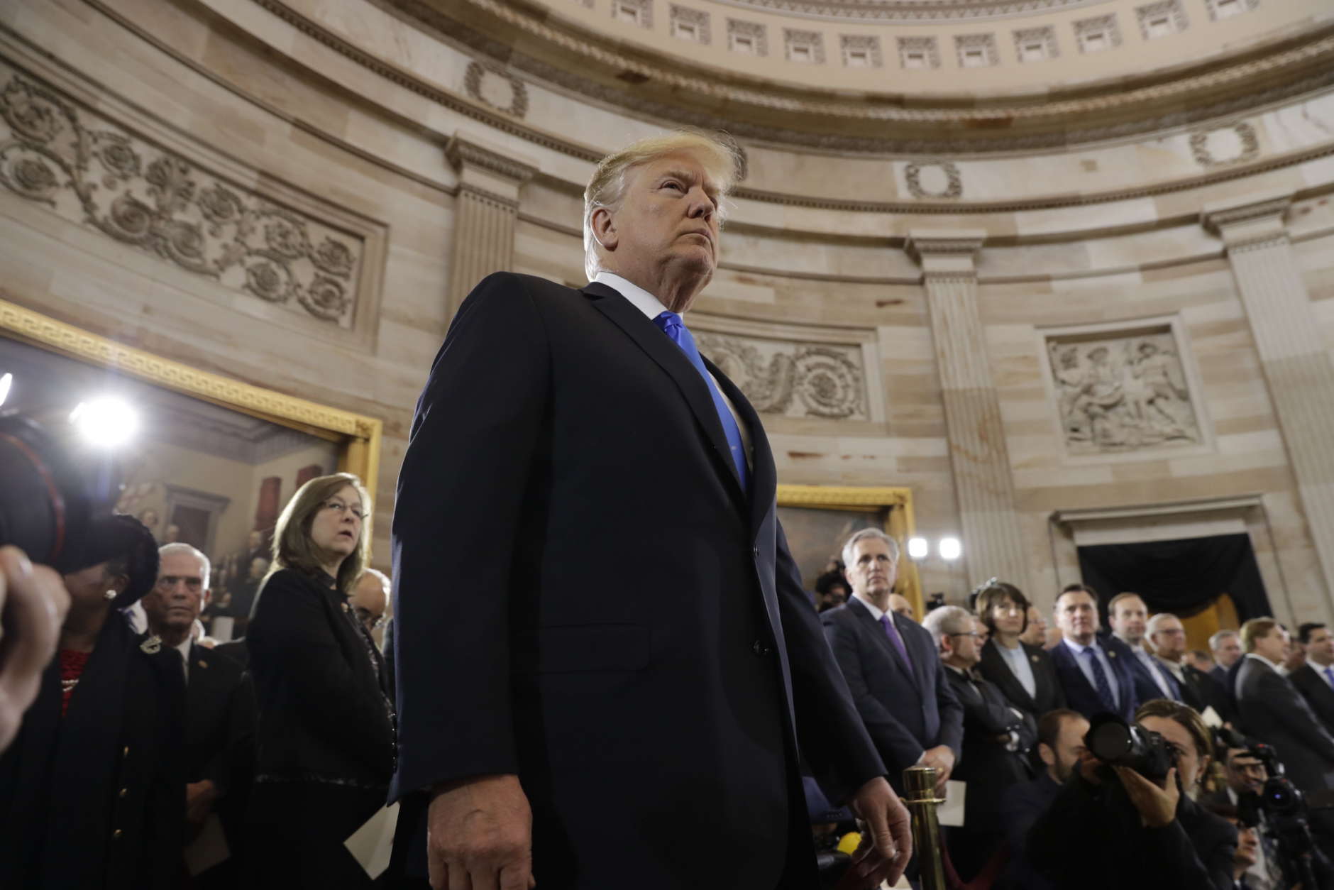 President Donald Trump arrives to participate in a ceremony honoring Reverend Billy Graham in the Rotunda of the U.S. Capitol building, Wednesday, Feb. 28, in Washington. (AP Photo/Evan Vucci)