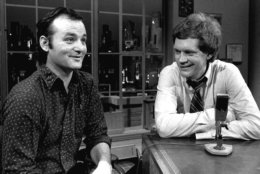 FILE - In this Feb. 1, 1982 file photo, host David Letterman, right, and guest Bill Murray appear at the taping of the debut of "Late Night with David Letterman" in New York. Murray's 44th and final appearance Tuesday, May 19, 2015, will mark the end of late-night television's most unique and enduring host-guest relationships. After 33 years in late night and 22 years hosting CBS' "Late Show," Letterman will retire on May 20. (AP Photo/Nancy Kaye, File)
