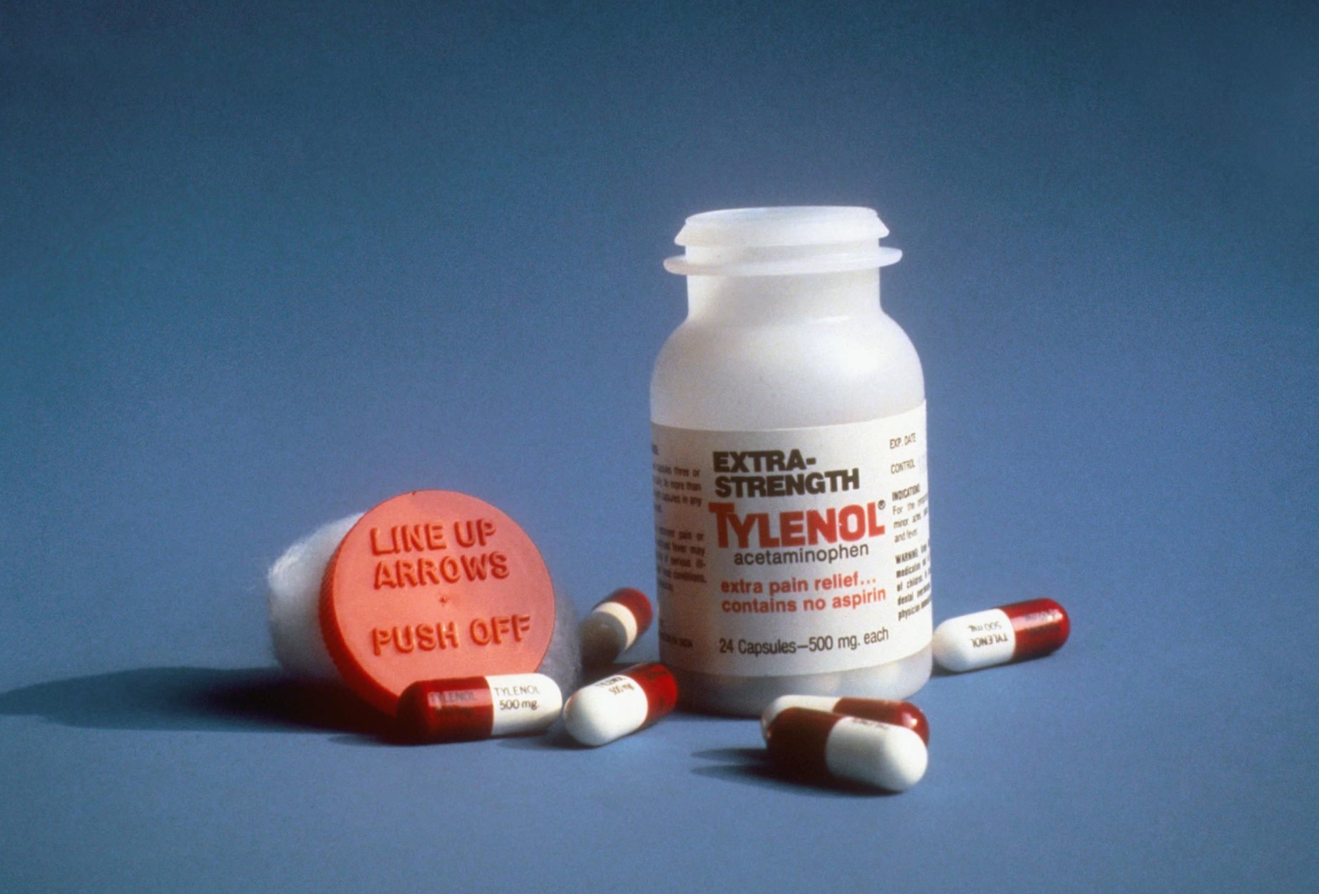 Extra-Strength Tylenol bottle showing some pills are pictured, Oct. 6, 1982. A series of potassium cyanide poisoning deaths linked to the Tylenol is being investigated by Chicago area authorities. (AP Photo/Ed Bailey)