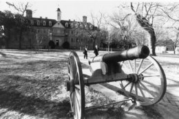 This is a general view of the Wren Building with a cannon in the front yard at the College of William and Mary in Williamsburg, Va., on Feb. 1, 1993.  The school is the nation's second oldest institution of higher education and is celebrating its 300th birthday with a royal visit.  (AP Photo/Steve Helber)