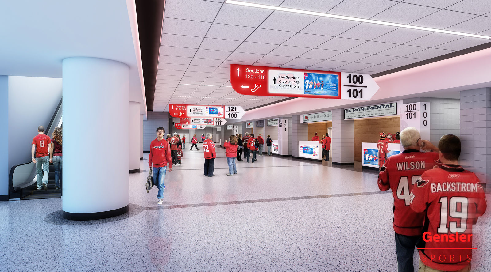 In addition to the renovated concourses, improvements will include padded seats with cup holders throughout the arena beginning in the Capitals and Wizards 2018-2019 season and a new sound system. (Courtesy Gensler Sports)