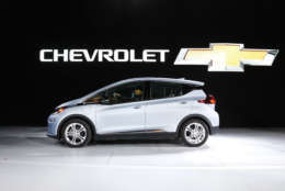The Chevrolet Bolt, winner of the North American Car of the Year award, is on display at the North American International Auto Show in Detroit, Monday, Jan. 9, 2017. (AP Photo/Paul Sancya)